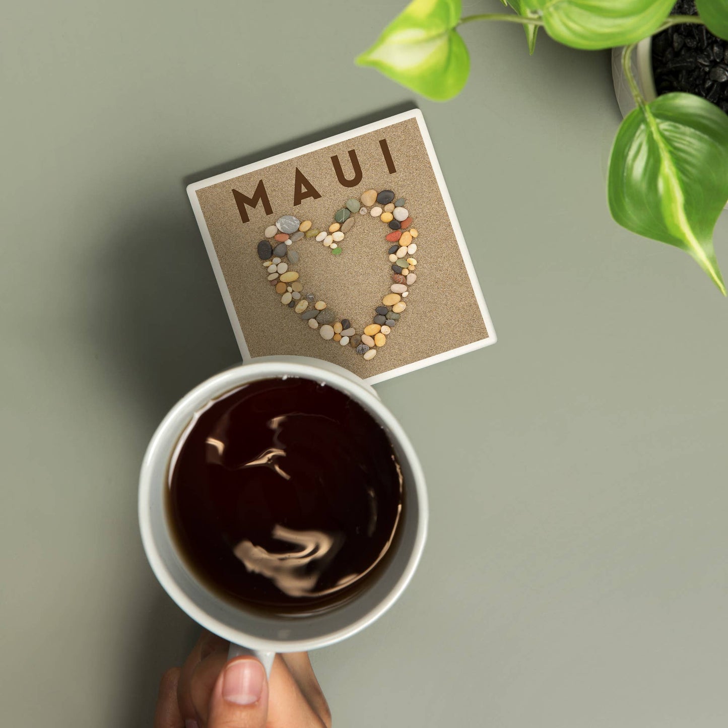 Ceramic Coaster Maui, Hawaii, Stone Heart on Sand
