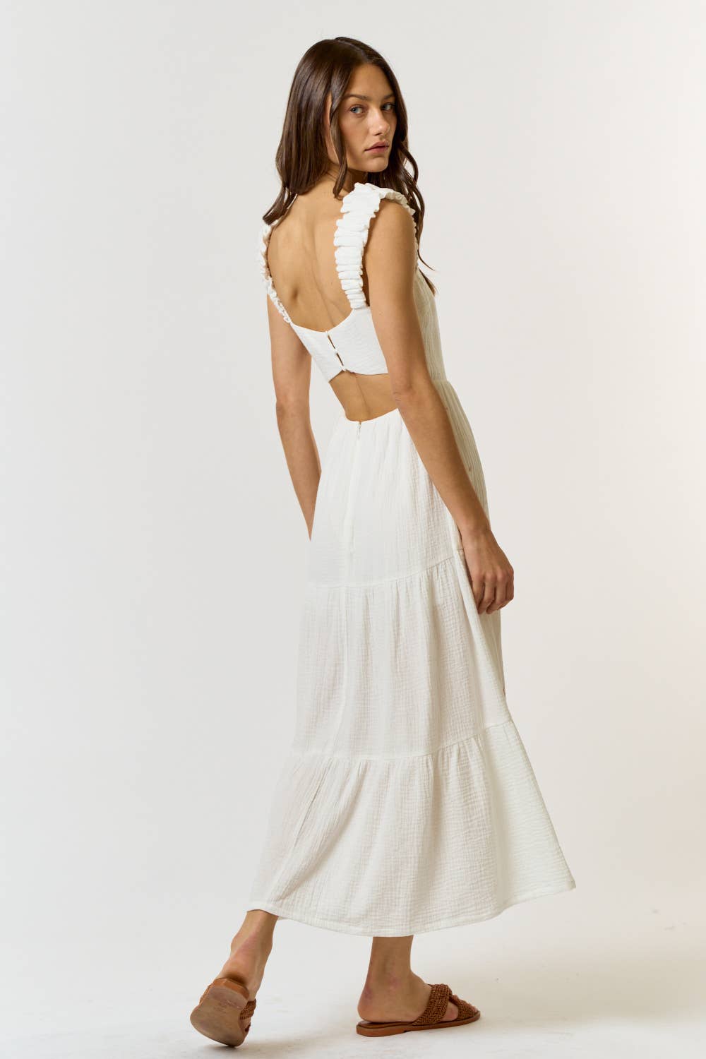 Cotton Gauze Embroidery Back Cutout Midi Dress
