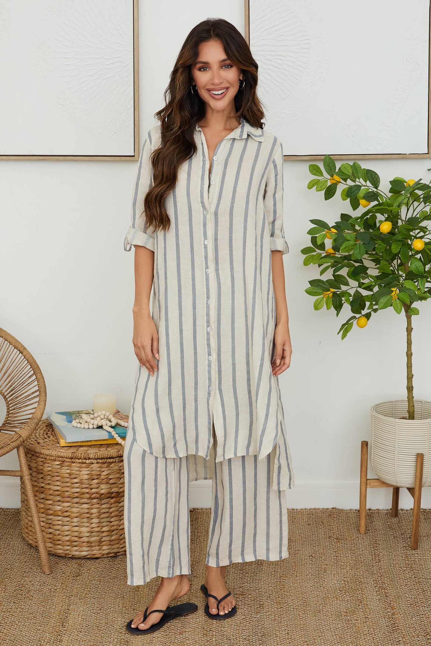 Linen Striped Wide Leg Pant