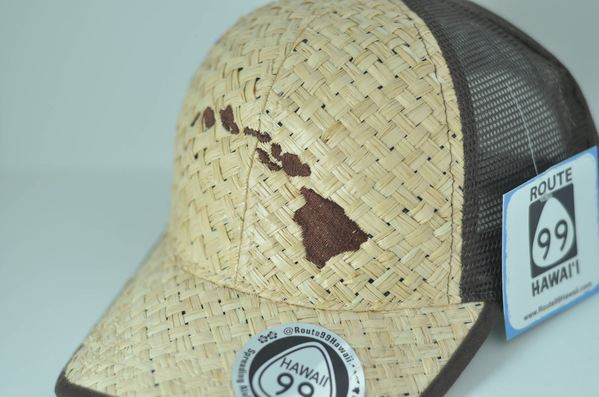 Hawaii Islands Lauhala Straw Trucker Hat: Brown Islands