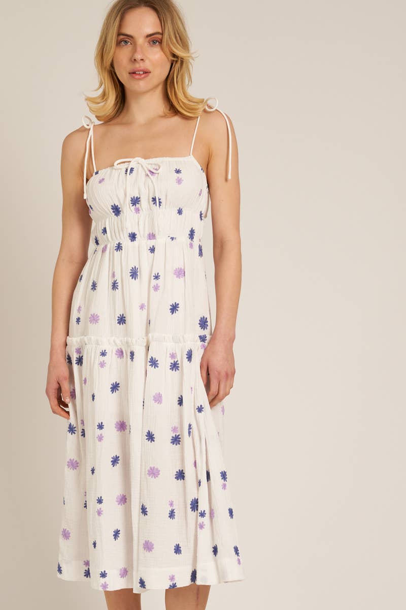 Spaghetti Strap Midi Dress with Embroidered Flower Detail