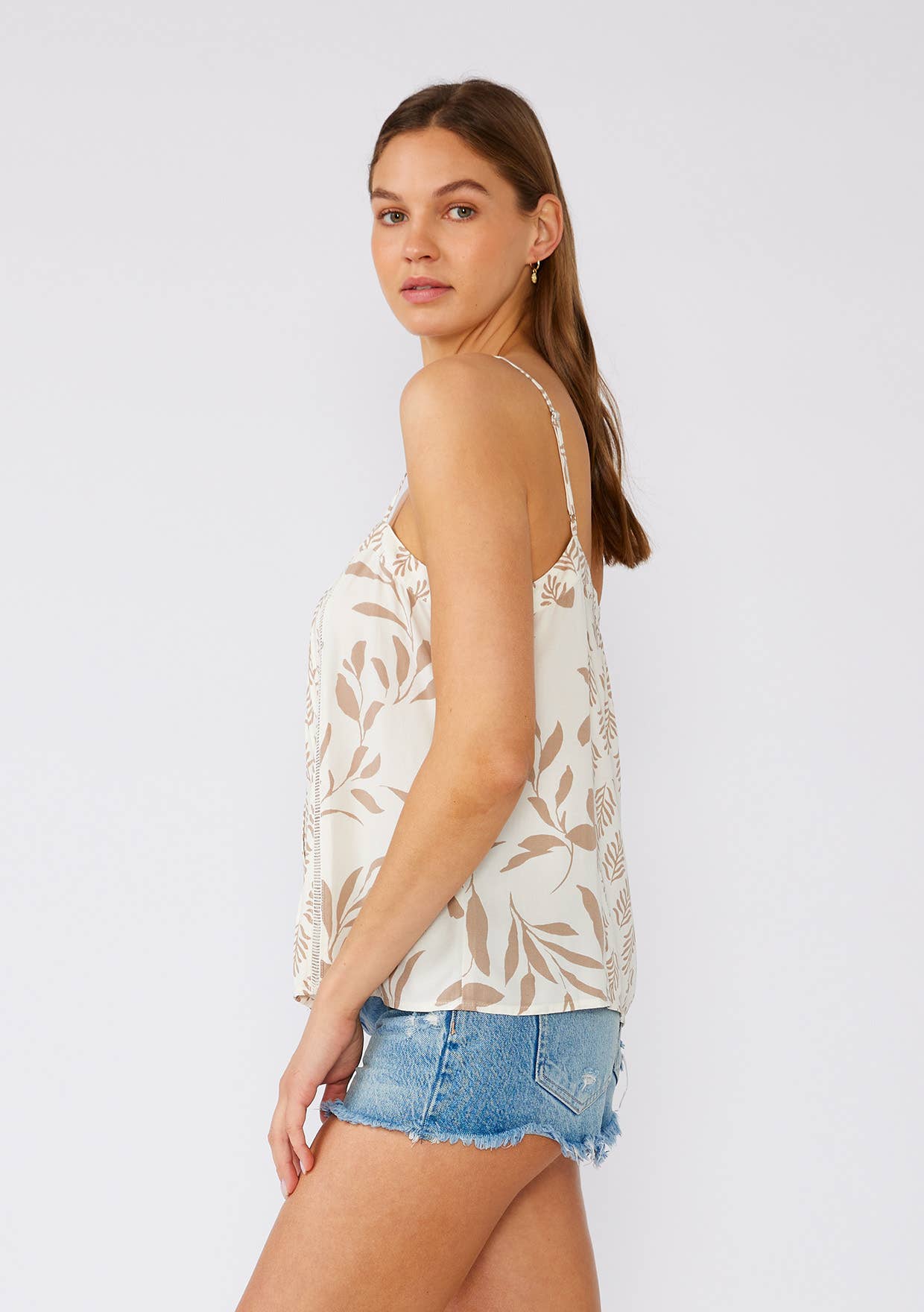 Neutral Leaf Print Button Front Tank Top