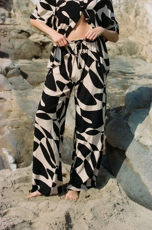 Woven Polyester Elastic Waist Tie Wide Leg Pants