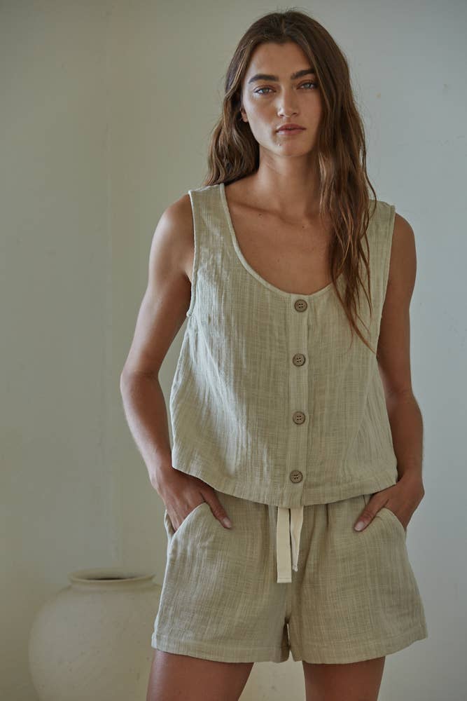 Woven Cotton Button Down Round Neck Sleeveless Tank