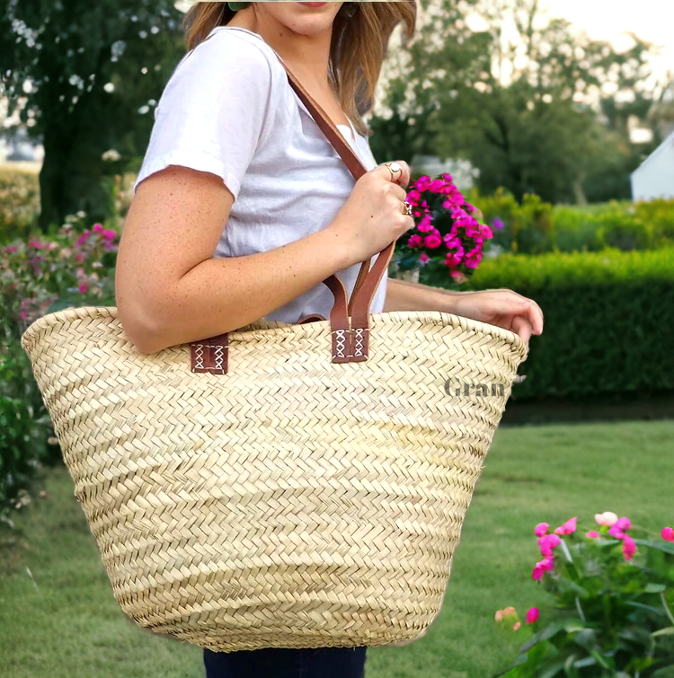 Straw Bag with Leather Handles - French Market Basket