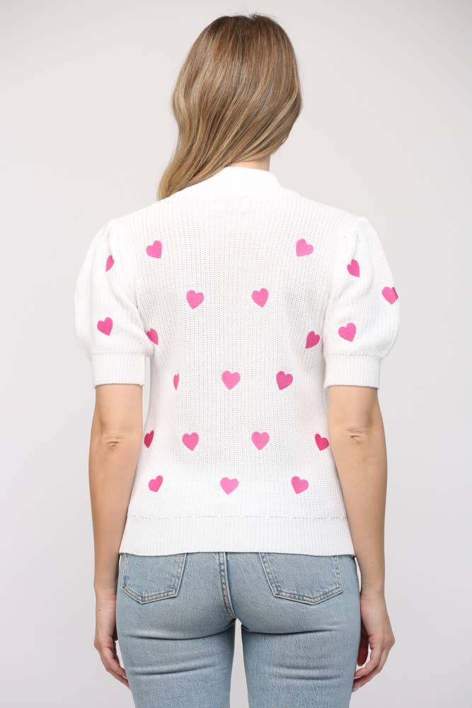 Heart Embroidered Short Sleeve Sweater