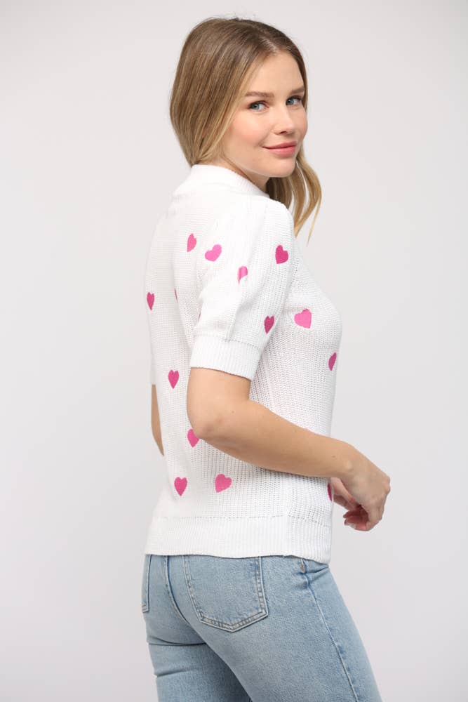 Heart Embroidered Short Sleeve Sweater