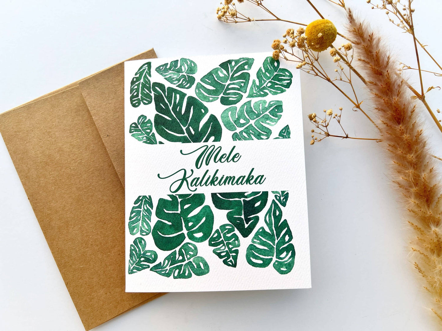 Holiday Monstera Watercolor Greeting Card | Stationery