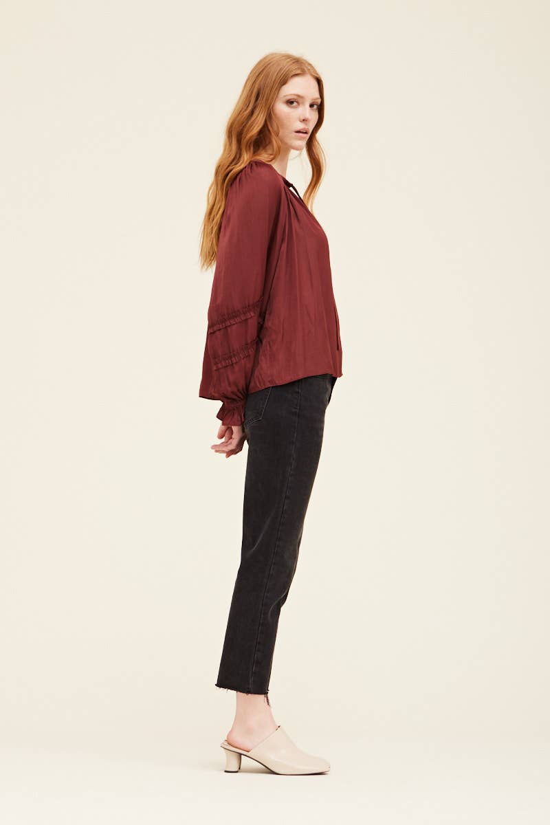 Ruffle Sleeve Blouse- Vino