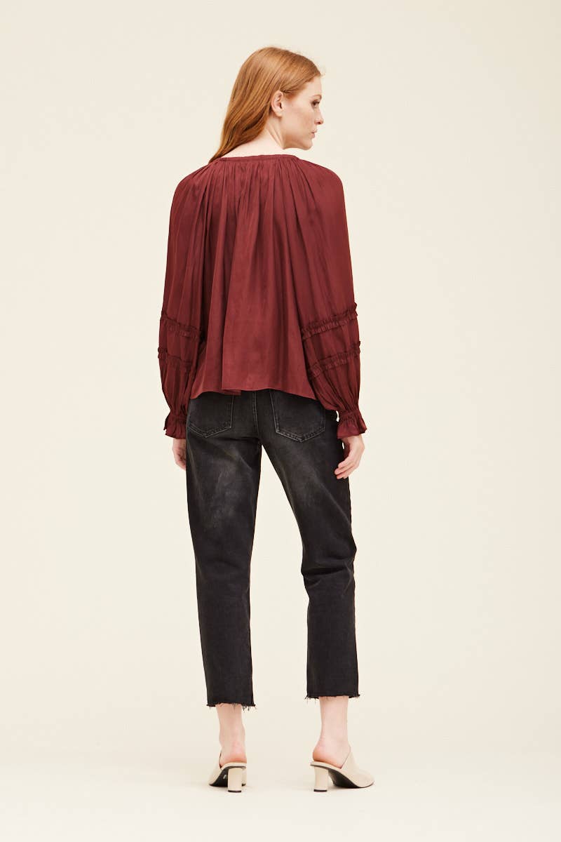 Ruffle Sleeve Blouse- Vino