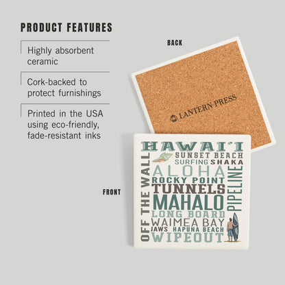 Ceramic Coaster Hawaii, Typography, Brown and Green