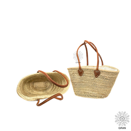 French Market Bag, Straw Tote Bag with Leather Handles