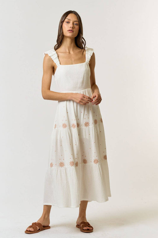 Cotton Gauze Embroidery Back Cutout Midi Dress