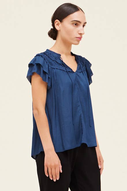 Ruffle Detail Sleeveless Satin Top- Blue Jewel