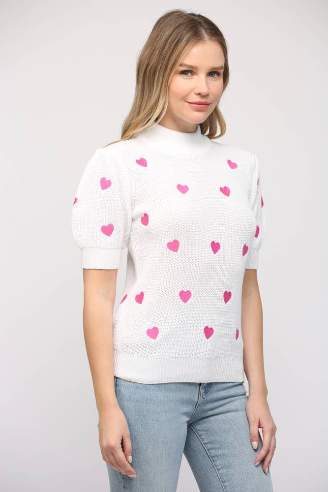 Heart Embroidered Short Sleeve Sweater