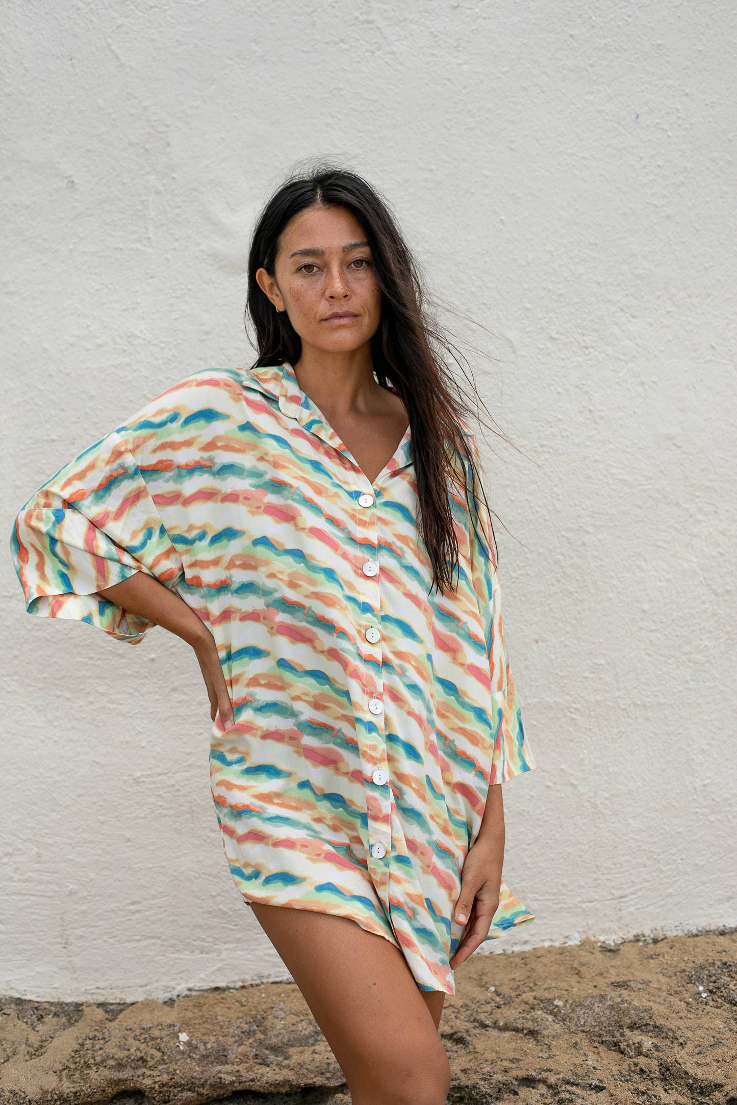 Rainbow Sherbet Sustainable Women's Oversized Cover Up Shirt