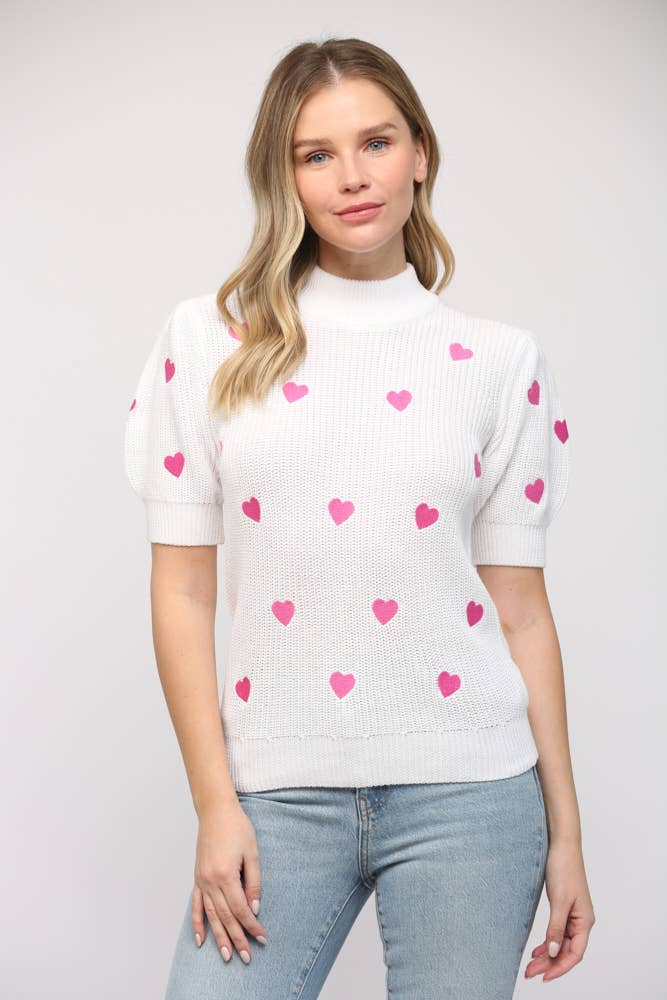 Heart Embroidered Short Sleeve Sweater