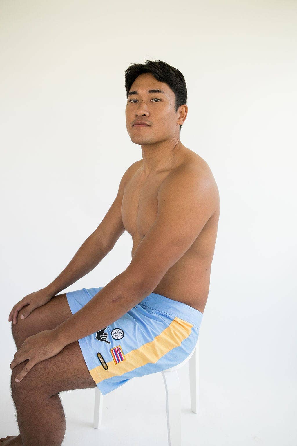 Men's Boardshorts in Light Blue and Yellow Colorblock Patch