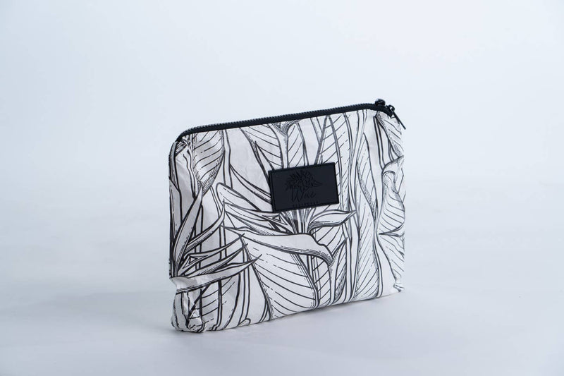 Midi Beach Pouch - White Strelitzia - Water resistant