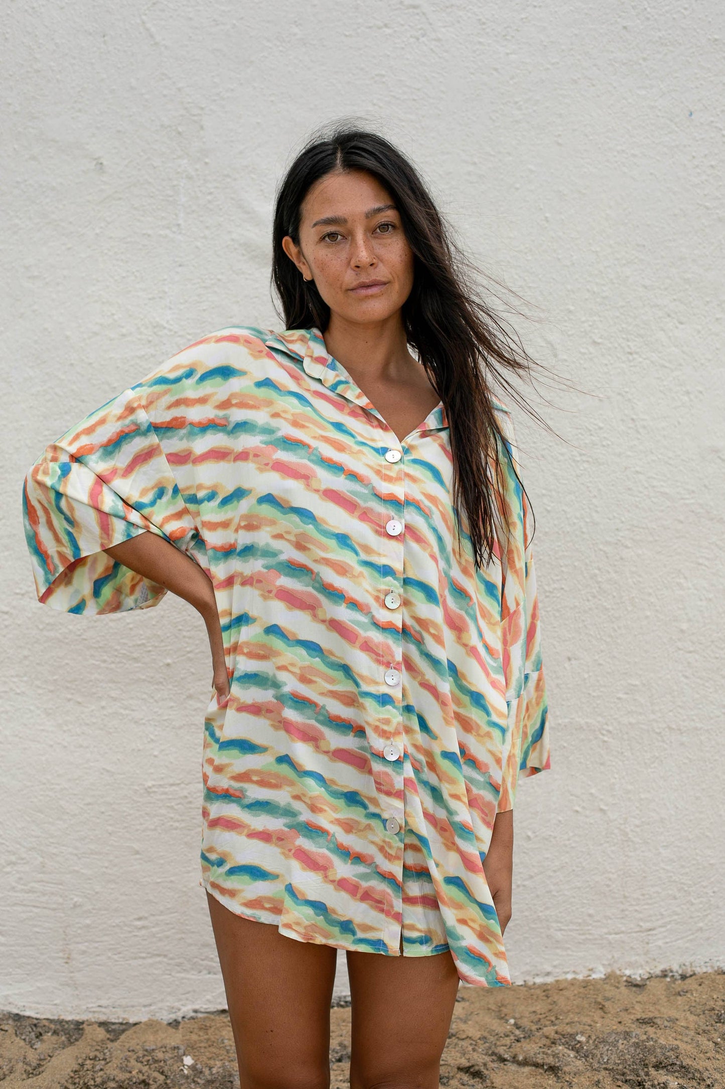 Rainbow Sherbet Sustainable Women's Oversized Cover Up Shirt