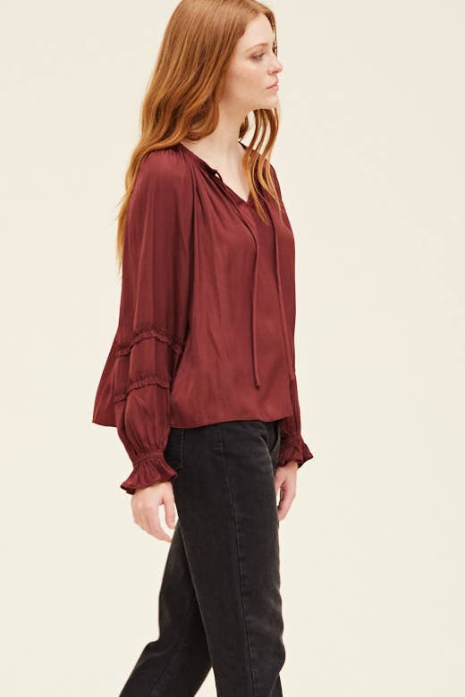 Ruffle Sleeve Blouse- Vino