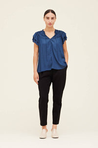 Ruffle Detail Sleeveless Satin Top- Blue Jewel