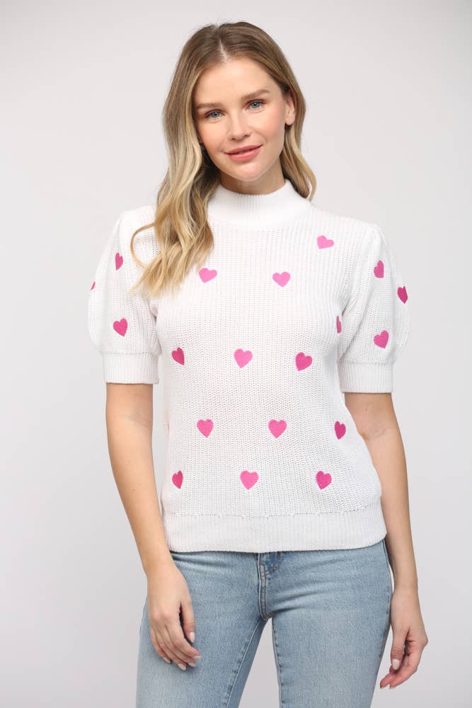 Heart Embroidered Short Sleeve Sweater