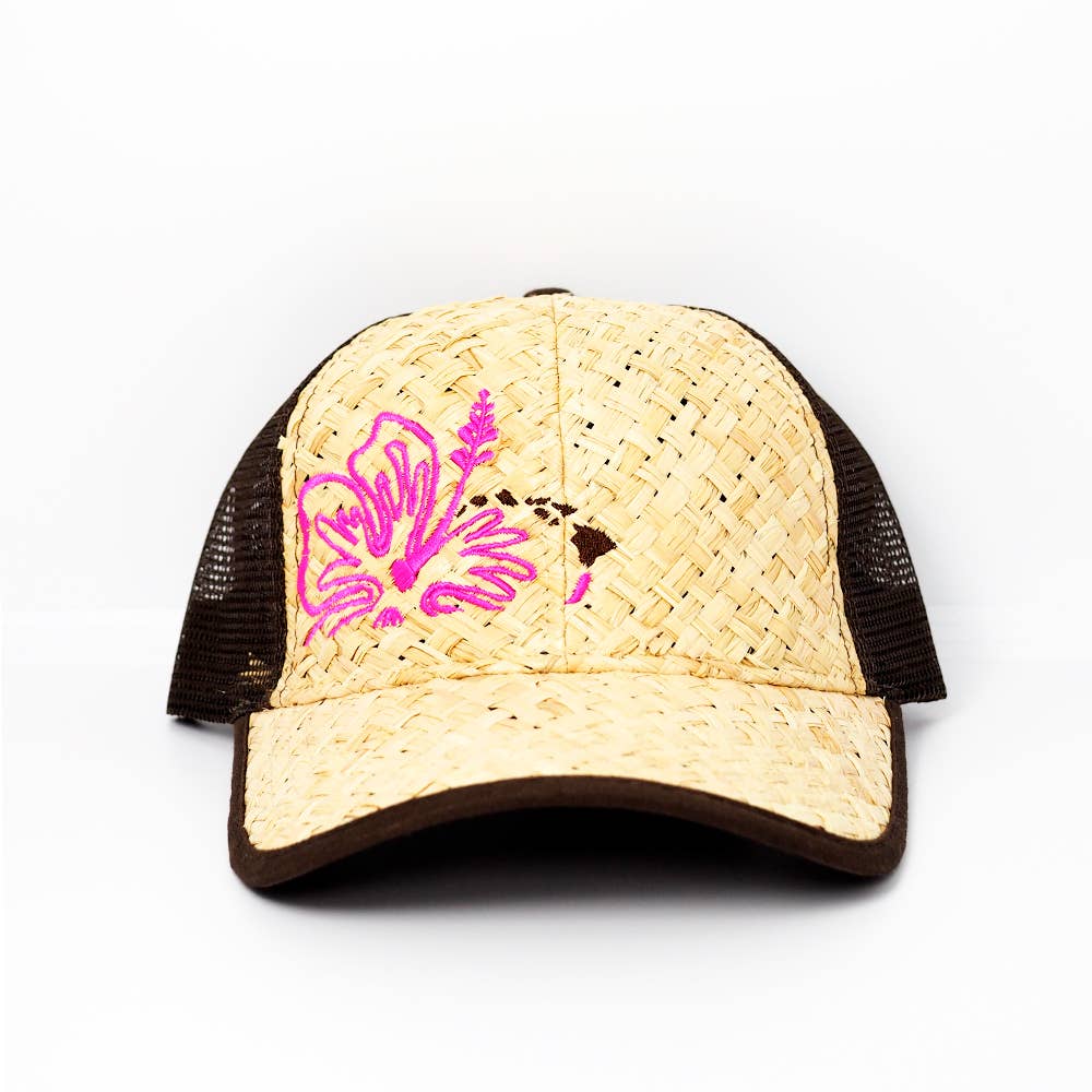 Hawaii Hibiscus Pink Lauhala Straw Trucker Hat