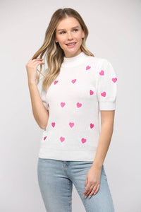 Heart Embroidered Short Sleeve Sweater