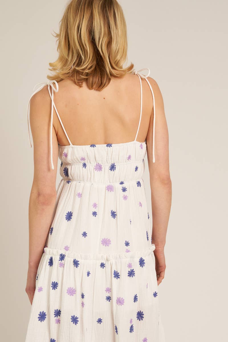 Spaghetti Strap Midi Dress with Embroidered Flower Detail