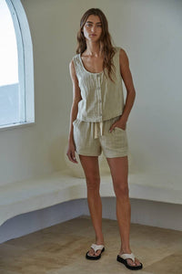 Woven Cotton Button Down Round Neck Sleeveless Tank