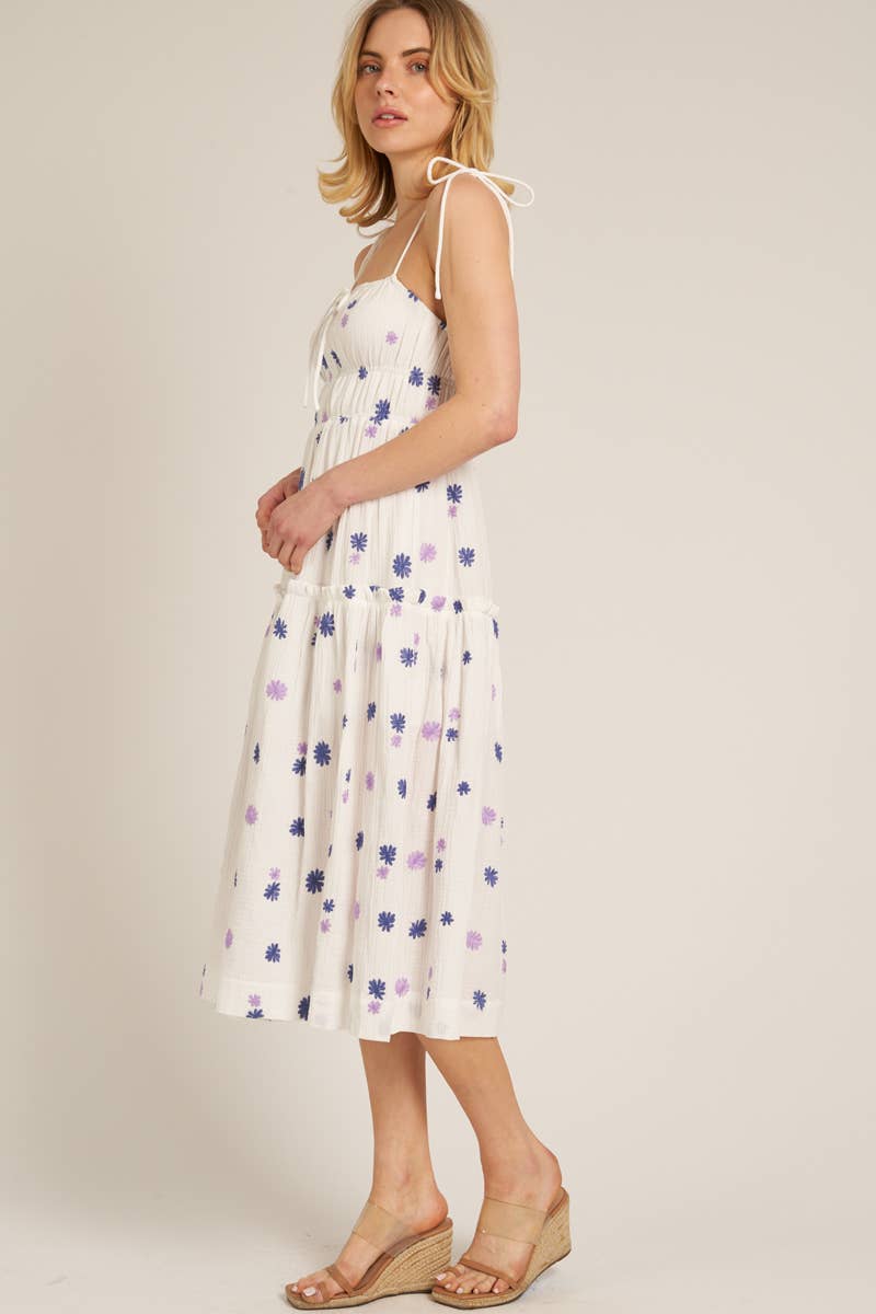 Spaghetti Strap Midi Dress with Embroidered Flower Detail