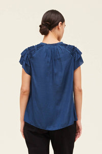 Ruffle Detail Sleeveless Satin Top- Blue Jewel