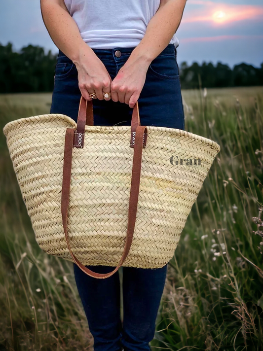 Straw Bag with Leather Handles - French Market Basket