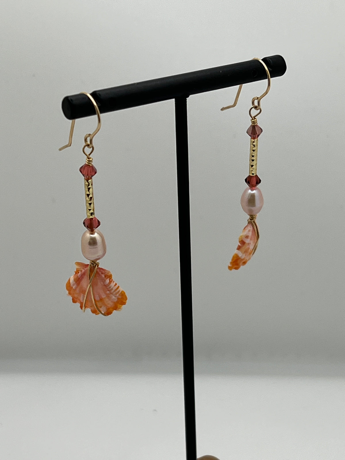 Sunrise Shell with Pink Pearls and Swarovski Crystal Drop Earrings