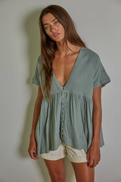 Plunged V-Neck Button Top