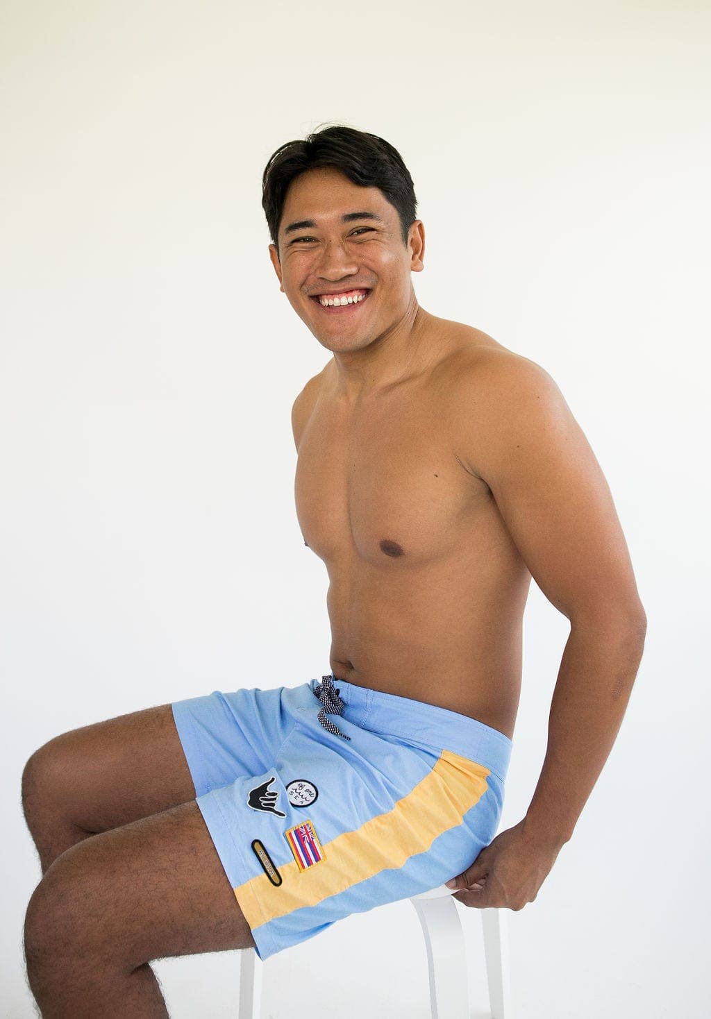 Men's Boardshorts in Light Blue and Yellow Colorblock Patch