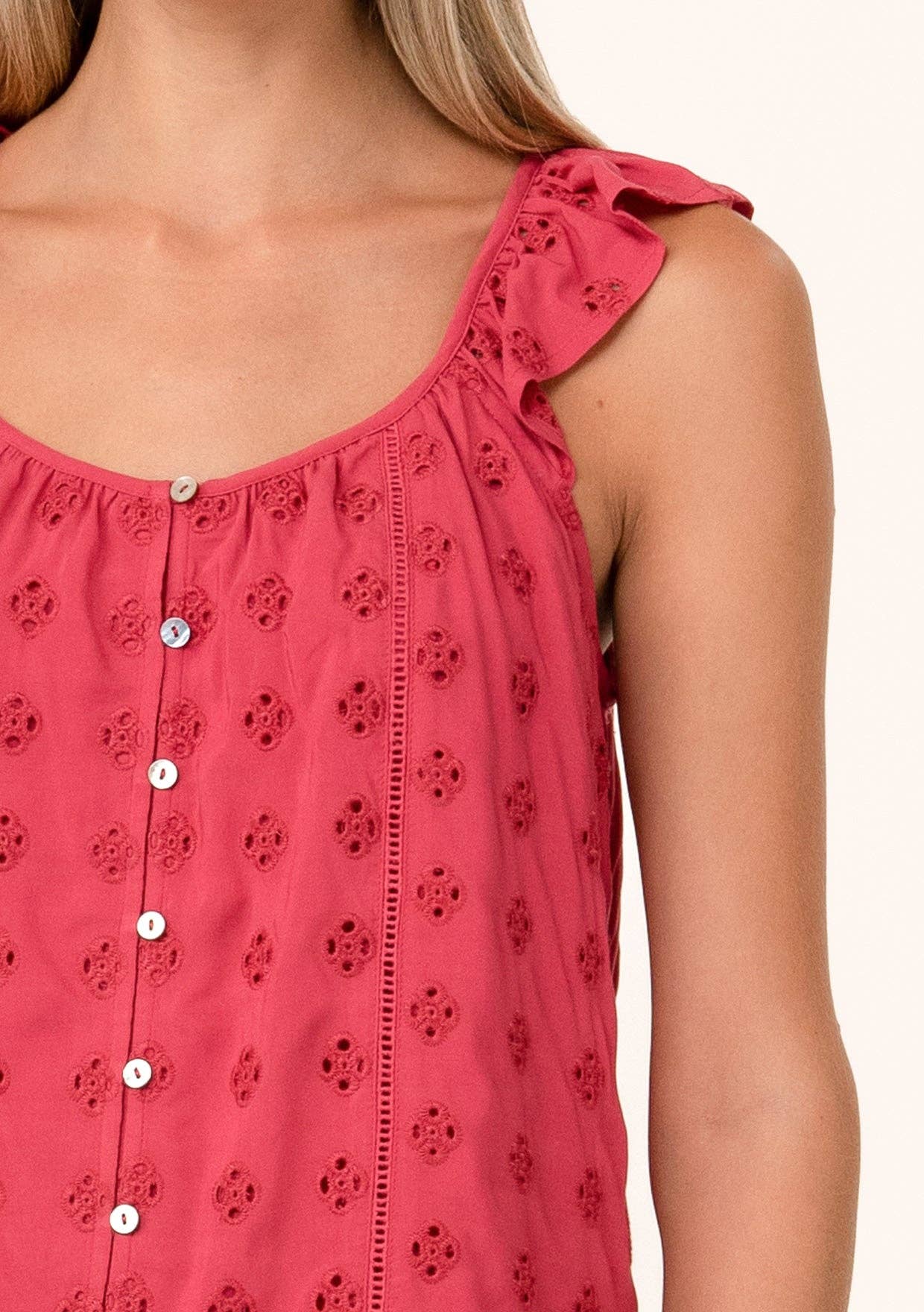 Eyelet Ruffle Strap Scoop Neck Tank Top