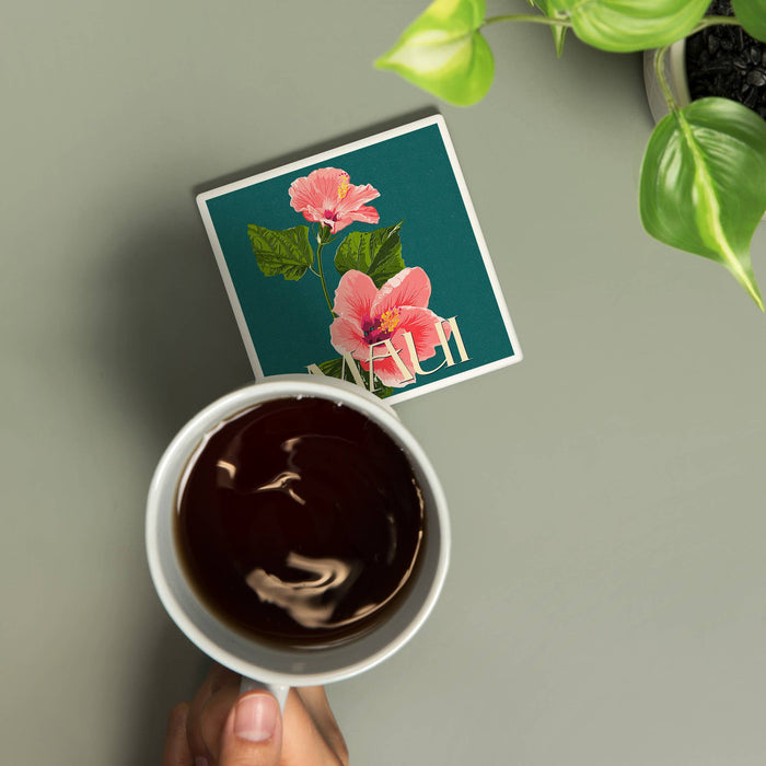 Ceramic Coaster Maui, Hawaii, Pink Hibiscus Flower