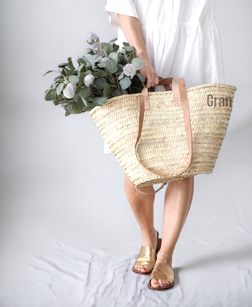 Straw Bag with Leather Handles - French Market Basket