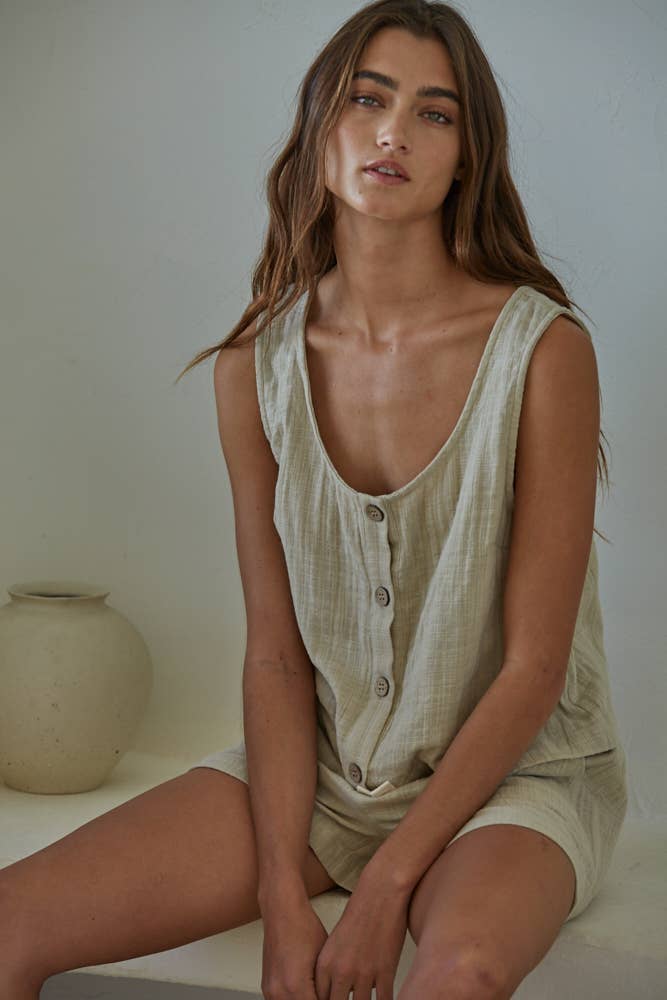 Woven Cotton Button Down Round Neck Sleeveless Tank