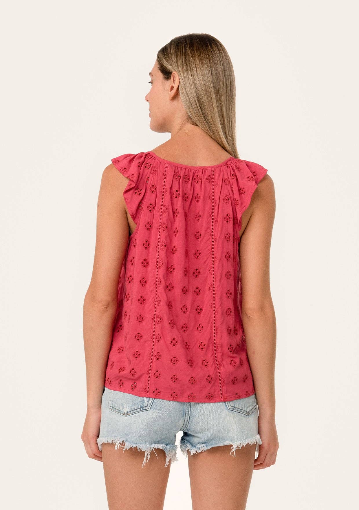 Eyelet Ruffle Strap Scoop Neck Tank Top