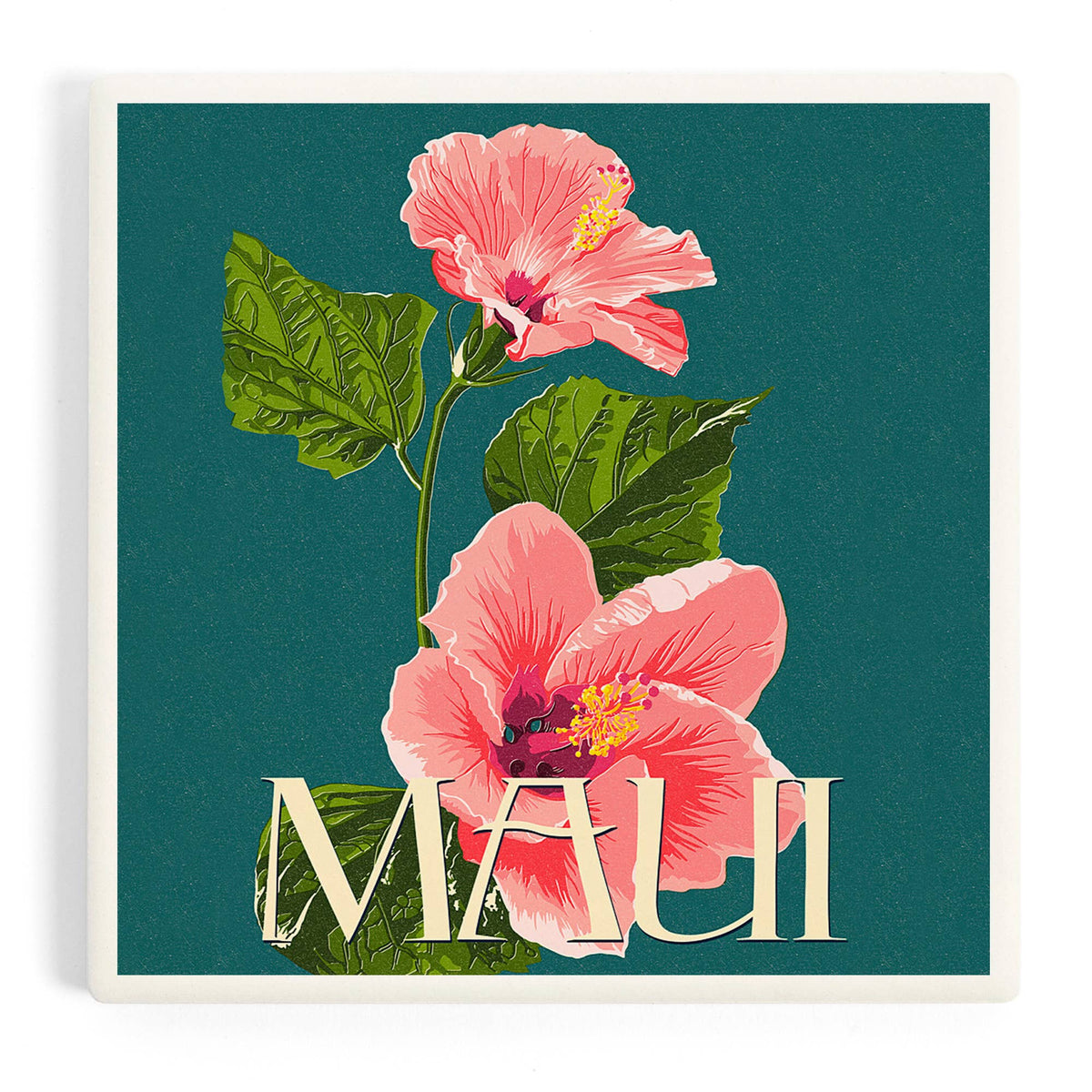 Ceramic Coaster Maui, Hawaii, Pink Hibiscus Flower