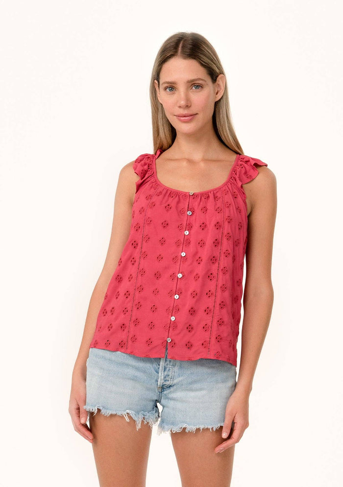 Eyelet Ruffle Strap Scoop Neck Tank Top