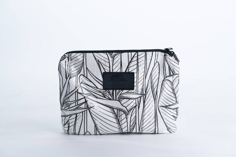 Midi Beach Pouch - White Strelitzia - Water resistant