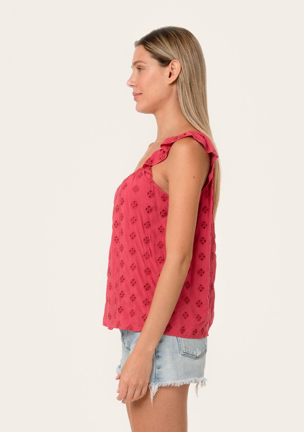 Eyelet Ruffle Strap Scoop Neck Tank Top