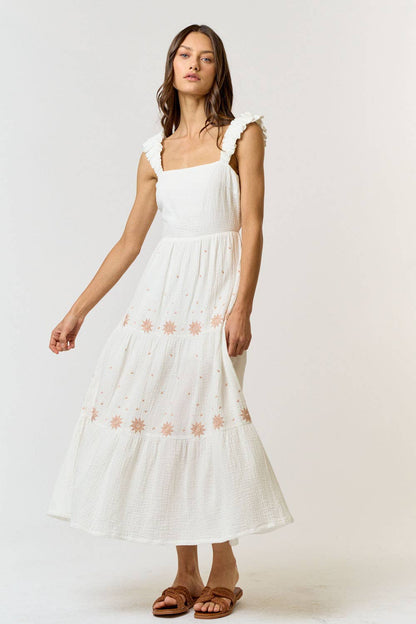 Cotton Gauze Embroidery Back Cutout Midi Dress