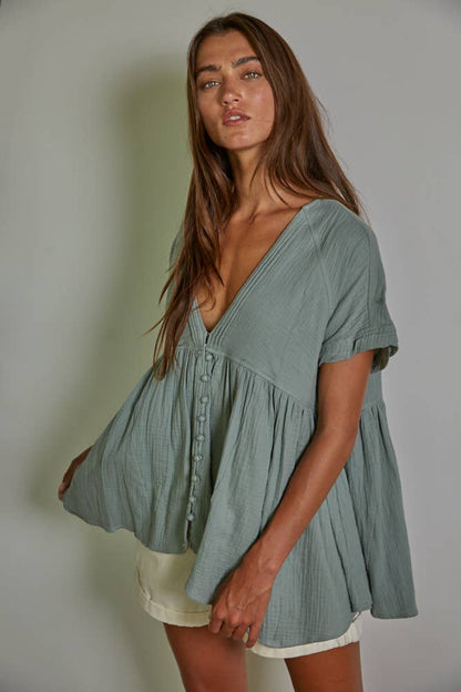 Plunged V-Neck Button Top