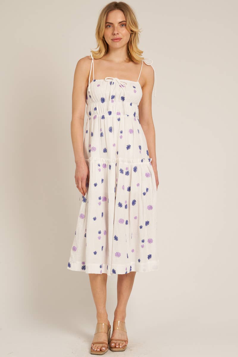 Spaghetti Strap Midi Dress with Embroidered Flower Detail