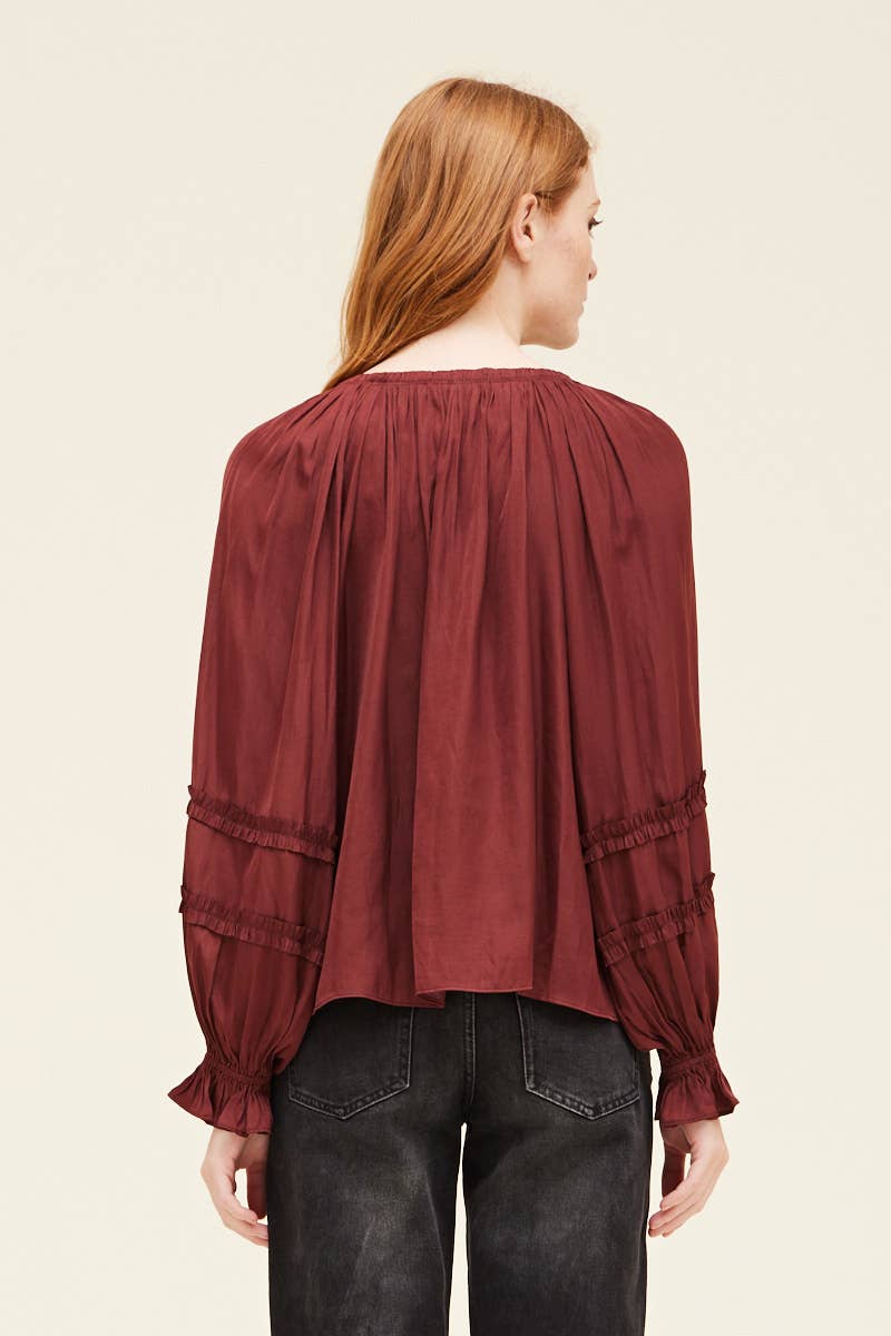 Ruffle Sleeve Blouse- Vino